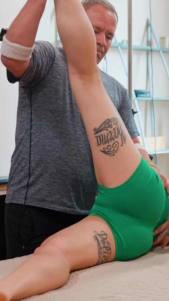 Why assisted stretching unlocks chronic glute pain: 1) A partner moves your leg past your active limit, targeting deep glute fibers. 2) The hold-relax technique bypasses the body's natural stretch reflex. 3) Precise femur manipulation hits the piriformis.